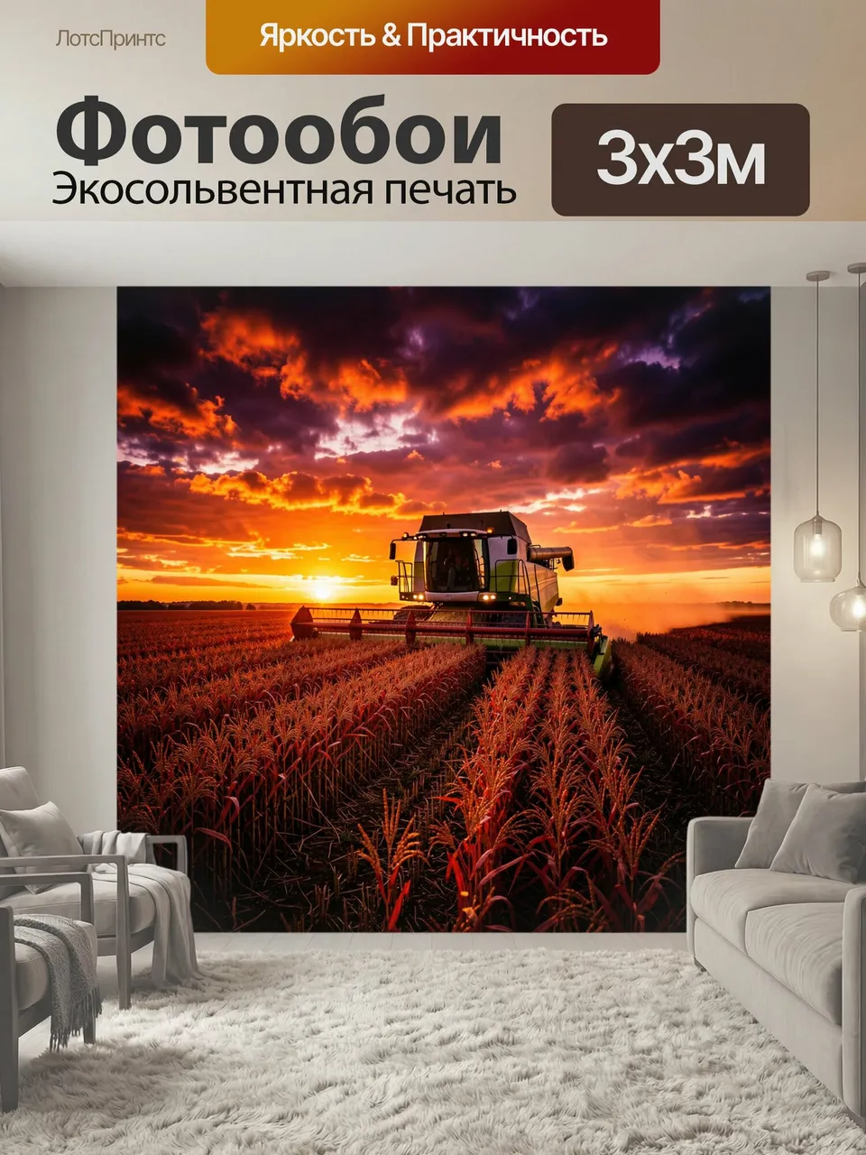 Фотообои Комбайн в поле на закате. Сельскохозяйственная техника убирает урожай среди золотистых колосьев на фо…