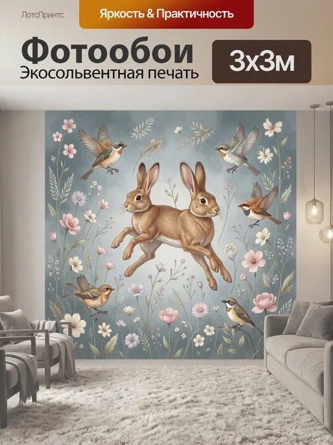 Фотообои Зайцы и птицы среди цветов. Нежная иллюстрация с двумя прыгающими ушастыми зверьками, окружёнными полевыми бу…