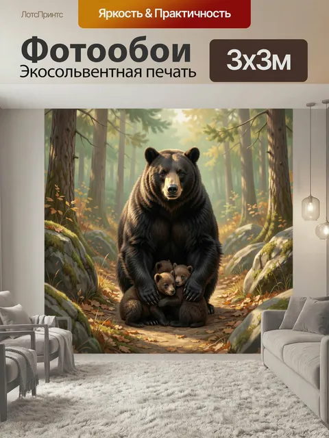 Фотообои Медведица с медвежатами в лесу. Золотистая лесная сцена с большой бурой медведицей, бережно обнимающей двух д…