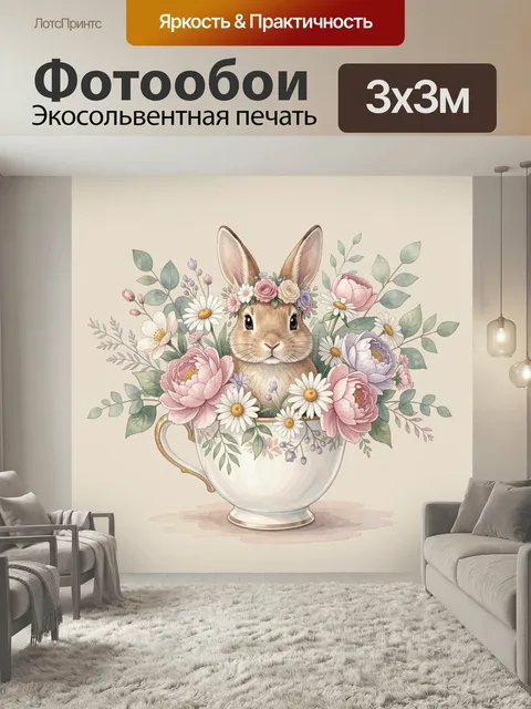 Фотообои Кролик в цветочной чашке. Милый акварельный сюжет с ушастым зверьком в фарфоровой посуде, окружённым нежными …