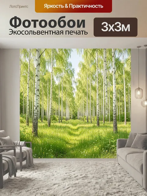 Фотообои Березовая роща в солнечный день. Светлый лесной пейзаж с высокими белоствольными деревьями, зеленой травой и …