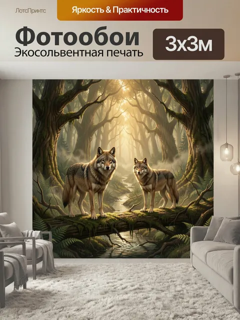 Фотообои Волки в лесном ручье. Реалистичная сцена с парой серых хищников на поваленном бревне среди древнего туманного…