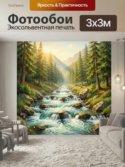 Фотообои Лесной ручей среди гор. Живописная горная долина с бурным потоком, камнями, хвойными деревьями и цветущими лу…
