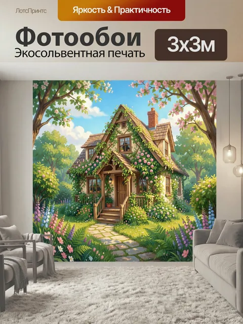Фотообои Дом в цветущем саду. Уютный деревенский коттедж среди пышной зелени и розовых цветов
