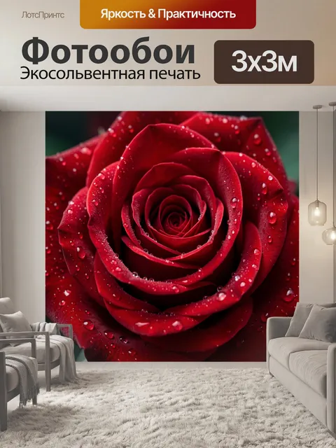 Фотообои Красная роза с каплями росы. Крупный макросъемочный цветок насыщенного алого оттенка с блестящими каплями вла…