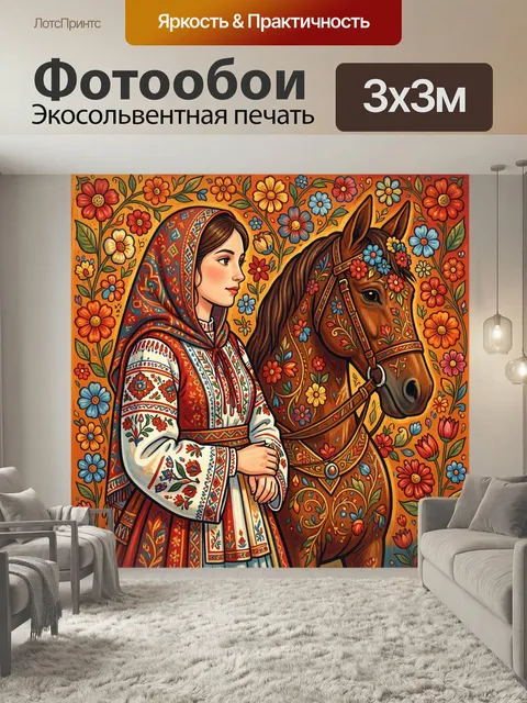 Фотообои Девушка в народном костюме с лошадью. Славянский фольклорный образ: юная красавица в вышитой одежде и платке …