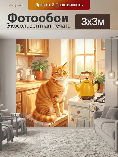 Фотообои Рыжий кот у кухонного окна. Рыжий полосатый кот сидит на подоконнике у плиты, солнечный свет из окна. Тёплая …