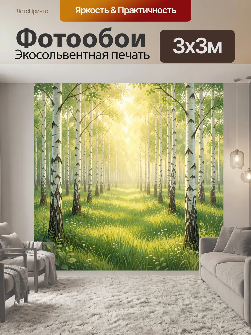 Фотообои Солнечная березовая роща летом. Светлый лесной пейзаж с белыми стволами, зеленой листвой и травяной п…