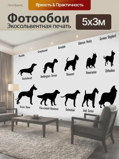 Фотообои Фон силуэты пород собак Различные породы собак в силуэте на сером фоне