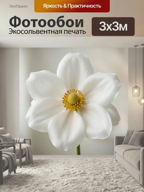 Фотообои Белый цветок с золотистой серединой. Нежный крупный цветок с бархатистыми белыми лепестками и солнечно-жёлтой…