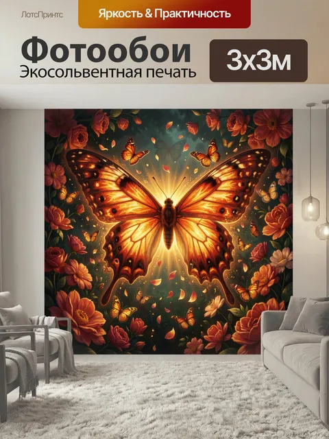 Фотообои Светящаяся бабочка среди цветов. Яркая фантазийная композиция с крупной бабочкой в центре, окружённой розово-…