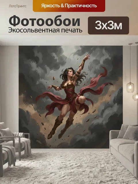 Фотообои Воительница в драматичном вихре. Фэнтезийный образ смелой девушки в золотых доспехах и алом развевающемся оде…
