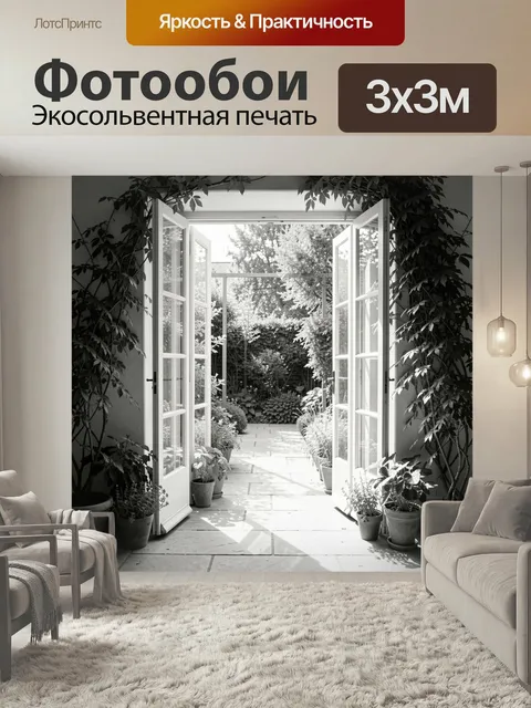 Фотообои Французские створки и зелень. Черно-белая композиция с каменной дорожкой, пышной листвой и горшечными цветами…