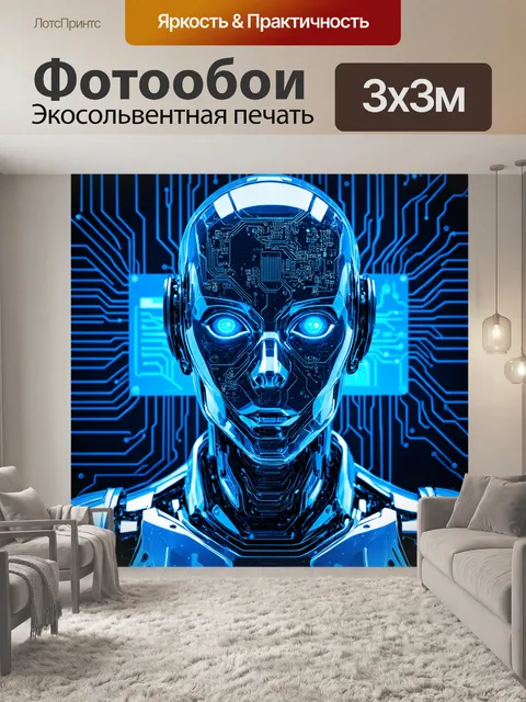 Фотообои Голова робота с светящимися синими глазами, с платами и микросхемами под прозрачной кожей