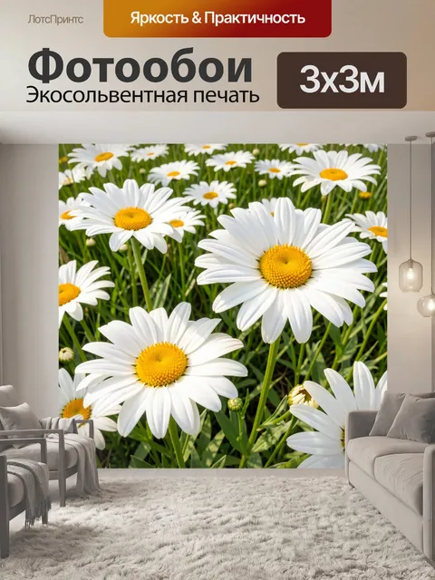 Фотообои Ромашковое поле крупным планом. Летний луг с белоснежными цветами и желтыми серединками, зеленая трава, солне…