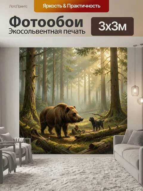 Фотообои Лесной медведь и охотник. Реалистичная сцена в хвойной чаще: крупный бурый зверь, человек с ружьём и собака с…