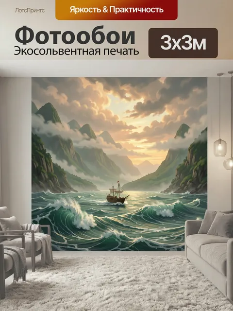 Фотообои Парусник среди горных волн. Фэнтезийный морской пейзаж с одиноким кораблём в бурных бирюзовых волнах, окружён…