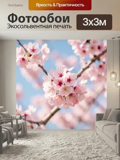 Фотообои Нежно-розовые цветы сакуры. Весенняя ветка японской вишни в макросъемке: воздушные пастельные лепестки, голуб…