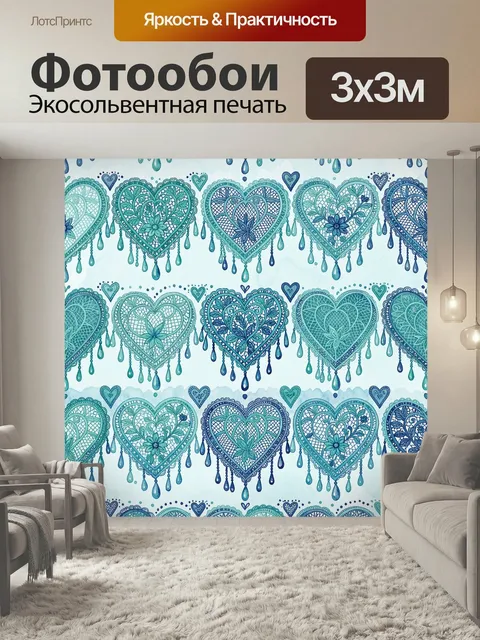 Фотообои Ажурные сердца с каплями. Орнамент из кружевных узоров, цветочных элементов и подвесок в бирюзово-синих тонах…