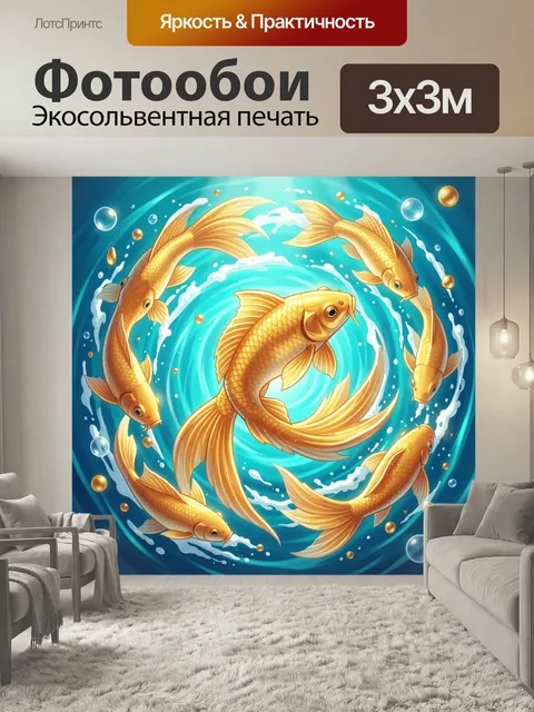 Фотообои Золотые карпы в круговом потоке. Яркая декоративная композиция с пятью золотистыми рыбами, плывущими по спира…