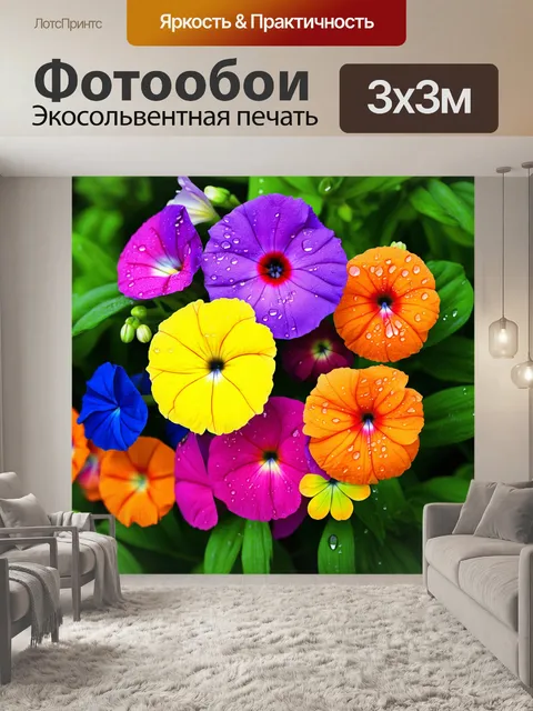 Фотообои Яркие цветы, разнообразие оттенков: фиолетовые, желтые, оранжевые, розовые и голубые, нежные лепестки, красив…