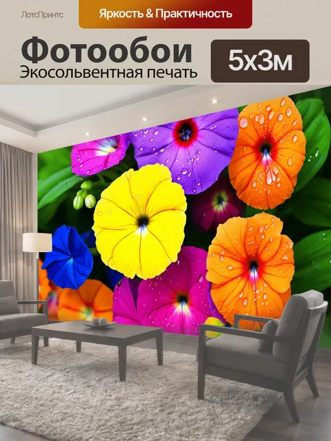 Фотообои Яркие цветы, разнообразие оттенков: фиолетовые, желтые, оранжевые, розовые и голубые, нежные лепестки…