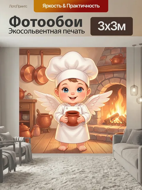 Фотообои Маленький повар с крыльями у камина. Милый сказочный персонаж в белом колпаке и одежде держит глиняный горшоч…