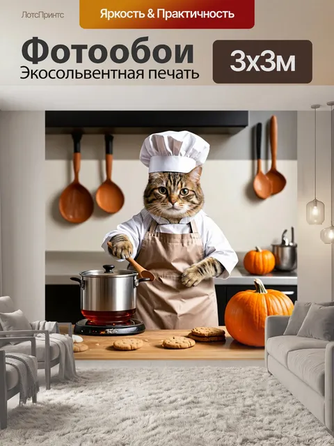 Фотообои Кот-шеф-повар в белом поварском колпаке и с коротким фартуком, стоит на кухне. Он держит деревянную ложку и м…