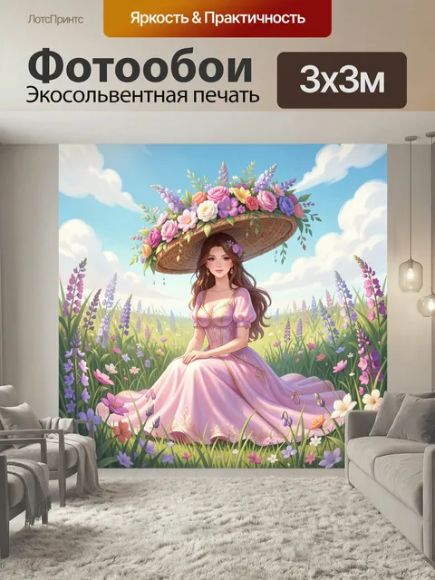 Фотообои Девушка в цветочном поле. Нежная романтическая иллюстрация: юная красавица в розовом платье и огромной шляпе,…