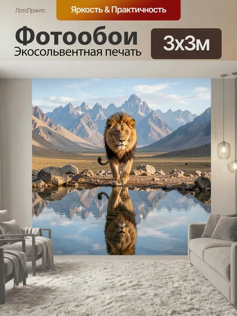 Фотообои Лев у горного водоема