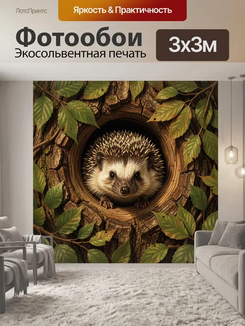 Фотообои Еж в круге из ветвей. Милый ежик выглядывает из дупла, окружённого корой и зелёными листьями. Тёплая природна…