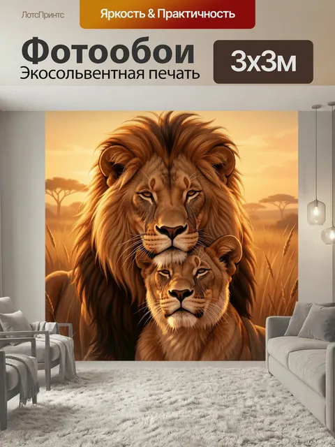 Фотообои Львы в африканской саванне. Два величественных царя зверей на фоне золотистой саванны в закатном свете, реали…