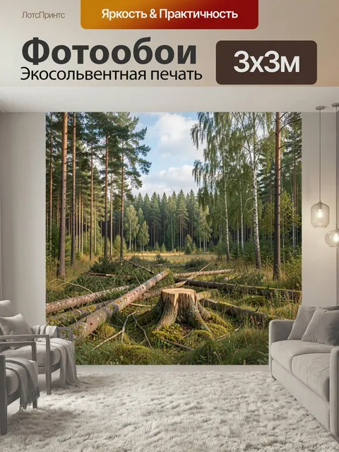 Фотообои Лесная поляна с поваленными деревьями. Тихий северный бор с берёзами, соснами и свежими срубами на мшистой зе…