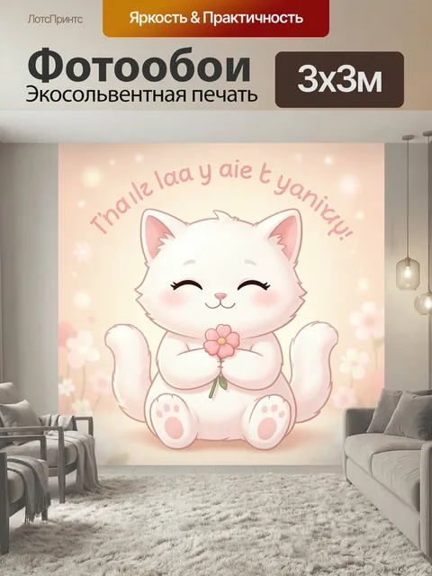 Фотообои Милый белый котенок с цветком. Нежный мультяшный зверёк с закрытыми глазами держит розовый цветок, пастельные…