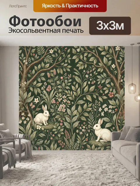Фотообои Кролики среди цветущих ветвей