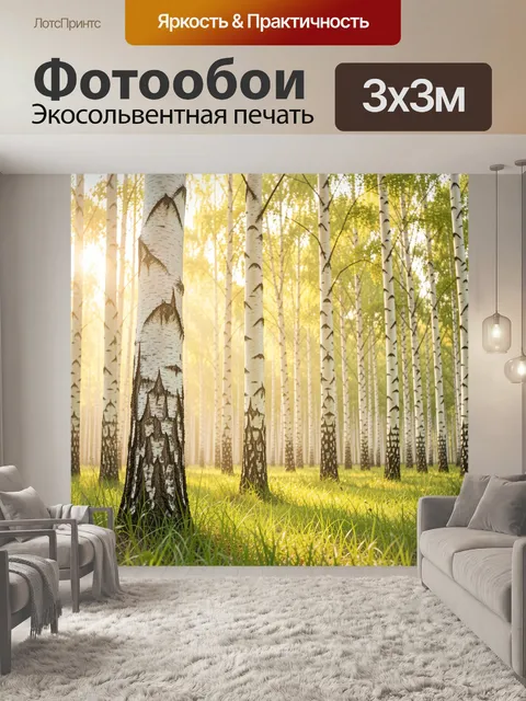 Фотообои Берёзовая роща в солнечном тумане. Светлый лесной пейзаж с тонкими белоствольными деревьями, зелёной травой и…
