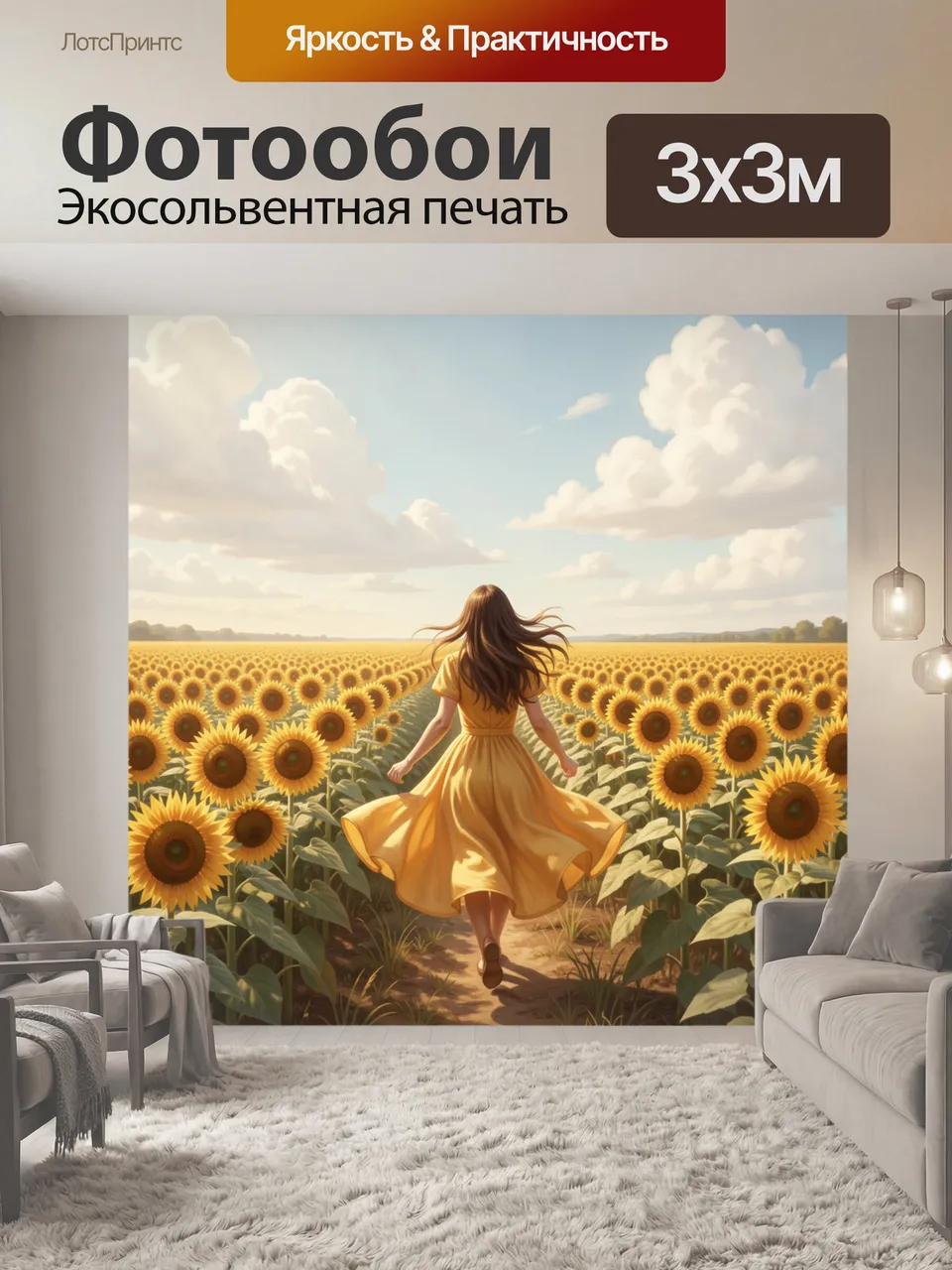 Фотообои Девушка в поле подсолнухов. Идиллическая летняя сцена: юная девушка идет по тропинке среди бескрайних…