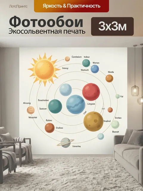 Фотообои Солнечная система с планетами. Иллюстрация космоса с ярким светилом, разноцветными небесными шарами и орбитал…
