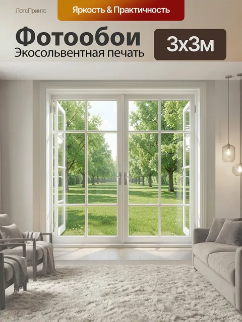 Фотообои Окно в зелёный парк. Светлый интерьер с распахнутыми створками и видом на летнюю аллею: сочная зелень деревье…