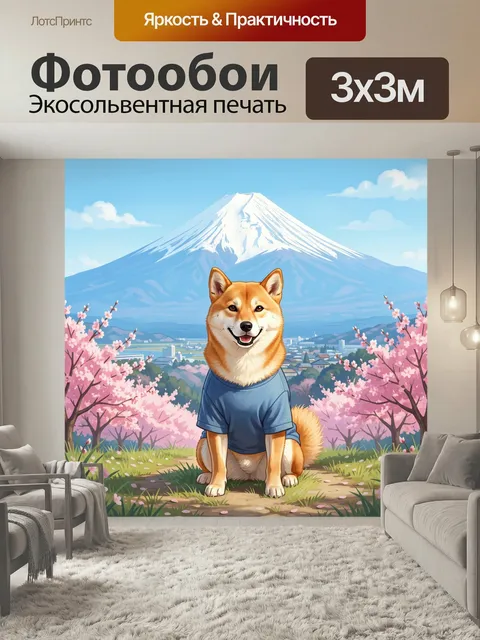 Фотообои Сиба-ину среди цветущих вишен