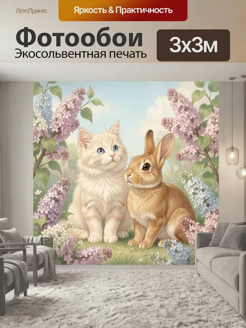 Фотообои Котенок и кролик среди сирени. Нежная иллюстрация с белым пушистым котиком и рыжим зайцем в цветущем саду. Па…