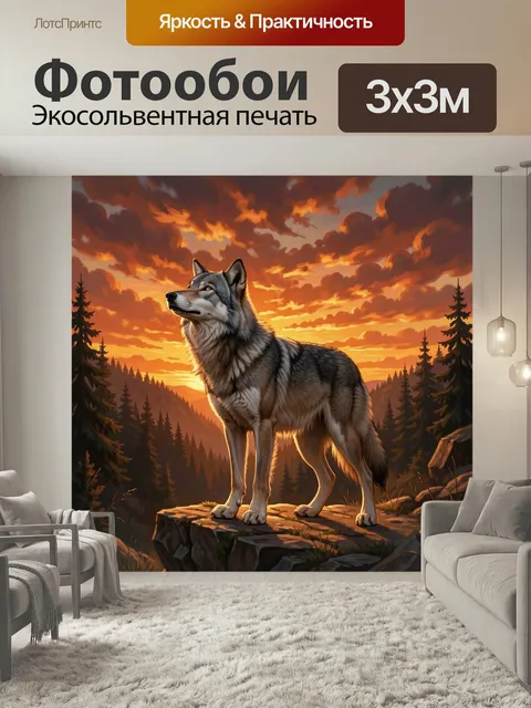Фотообои Волк на закате в лесу. Реалистичный хищник на каменной скале на фоне горного леса и драматичного неба. Тёплые…