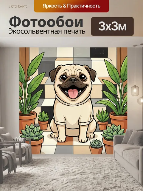 Фотообои Улыбающийся мопс среди растений. Милый мультяшный пес с большими глазами и высунутым языком сидит среди комна…