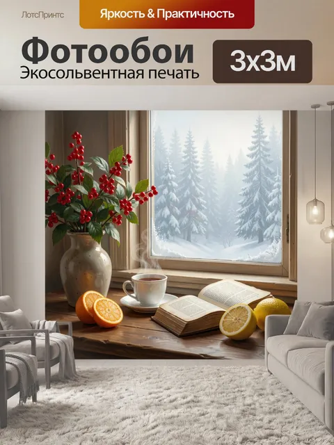 Фотообои Зимнее окно с уютным натюрмортом. Тёплый домашний интерьер у заснеженного окна: чашка горячего чая, раскрытая…