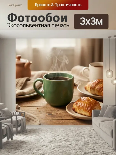 Фотообои Уютный завтрак с кофе и выпечкой. Тёплая домашняя сцена на деревянном столе: парящая чашка эспрессо, круассан…