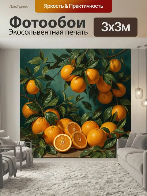Фотообои Апельсины на ветках. Яркий натюрморт с сочными цитрусами и глянцевой листвой на бирюзовом фоне