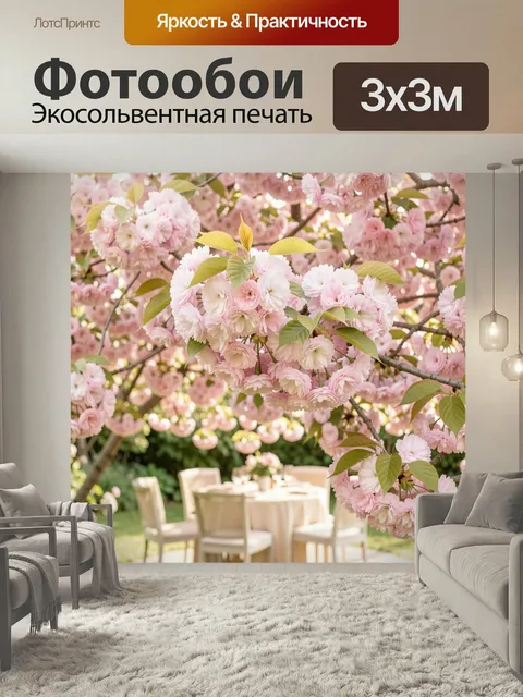 Фотообои Цветущая сакура в саду. Нежные розовые соцветия на ветвях с зелёной листвой, мягкий свет и размытый садовый ф…