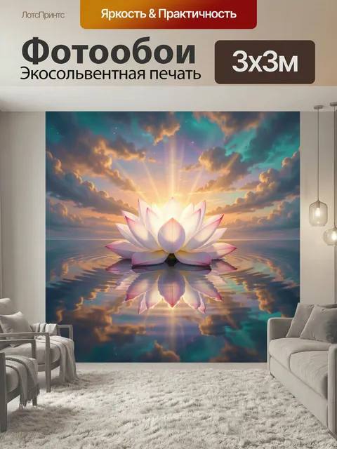 Фотообои Светящийся лотос на воде. Нежный цветок с перламутровыми лепестками парит над гладью, отражаясь в воде. Фанта…