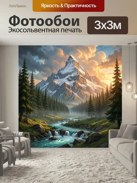 Фотообои Горная долина с рекой и закатом. Величественные снежные вершины, хвойный лес и бирюзовый поток с каскадами в …