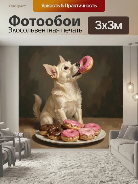 Фотообои Собака с пончиками. Милый светлый пес с большой выпечкой в пасти сидит рядом с тарелкой глазированных колец…